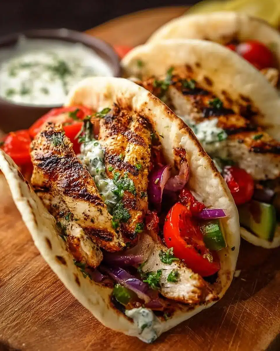 Plate of Grilled Mediterranean Chicken Tacos with fresh herbs and vegetables