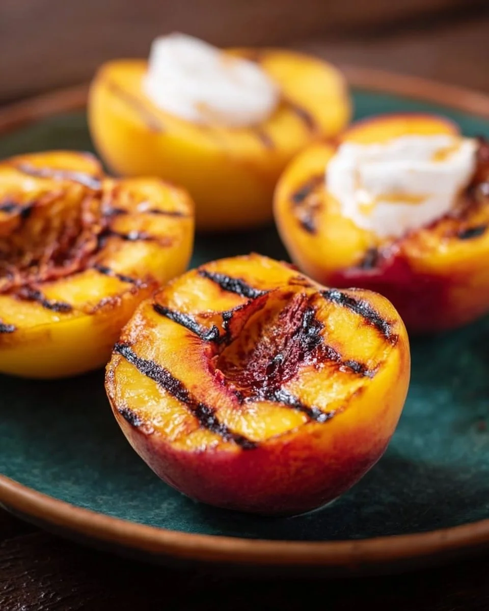 Delicious grilled peaches topped with honey and mint on a plate.