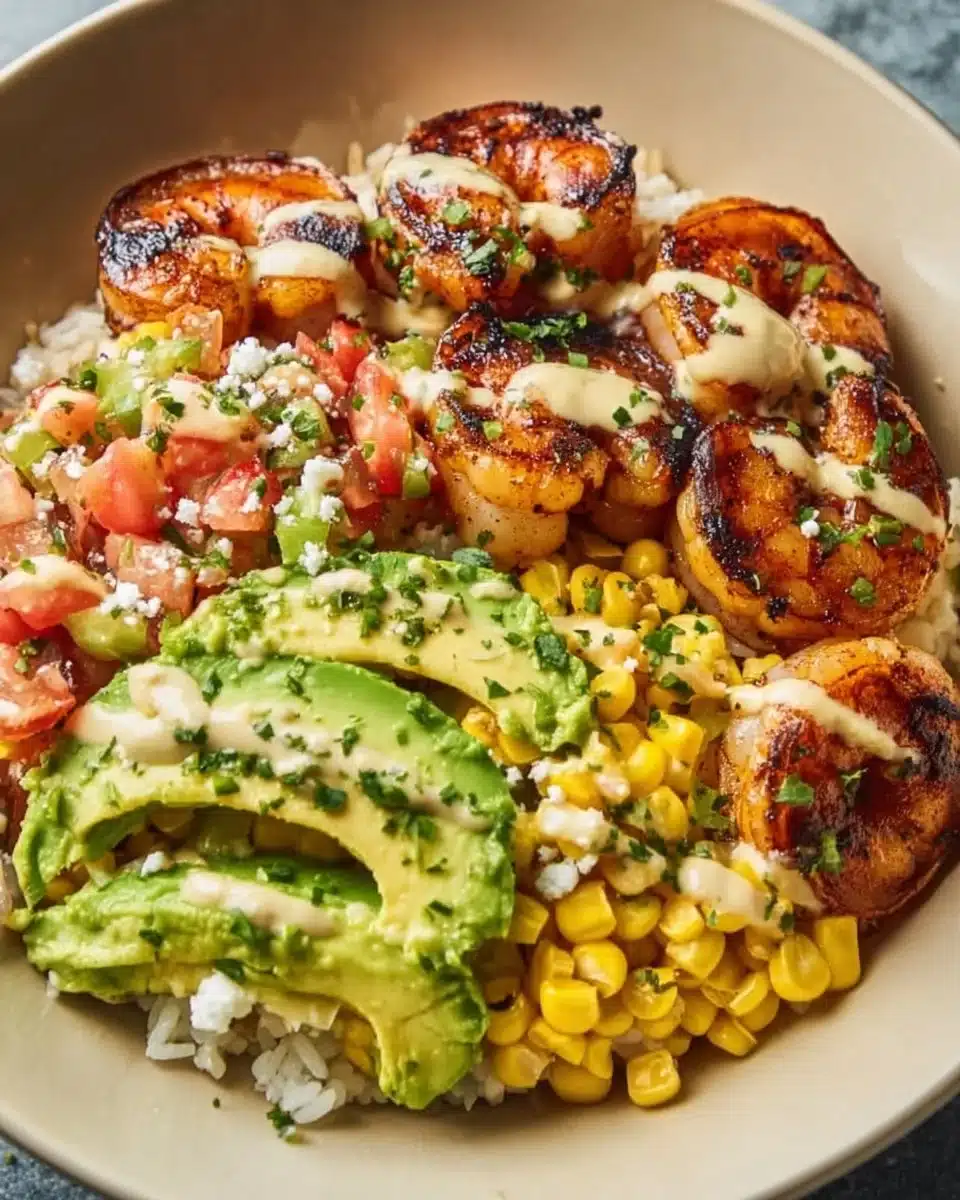 Delicious grilled shrimp bowl with avocado corn salsa, fresh ingredients, and vibrant colors.