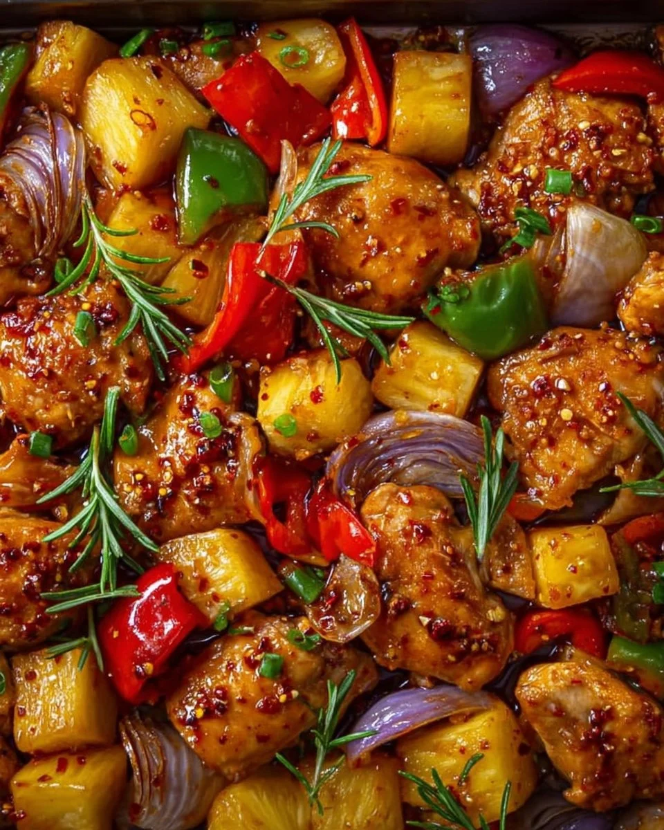 Hawaiian Chicken Sheet Pan with colorful vegetables and pineapple