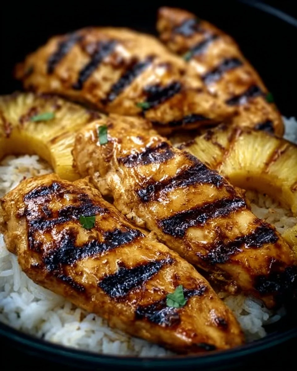 Delicious Hawaiian Chicken served with grilled pineapple and coconut rice.