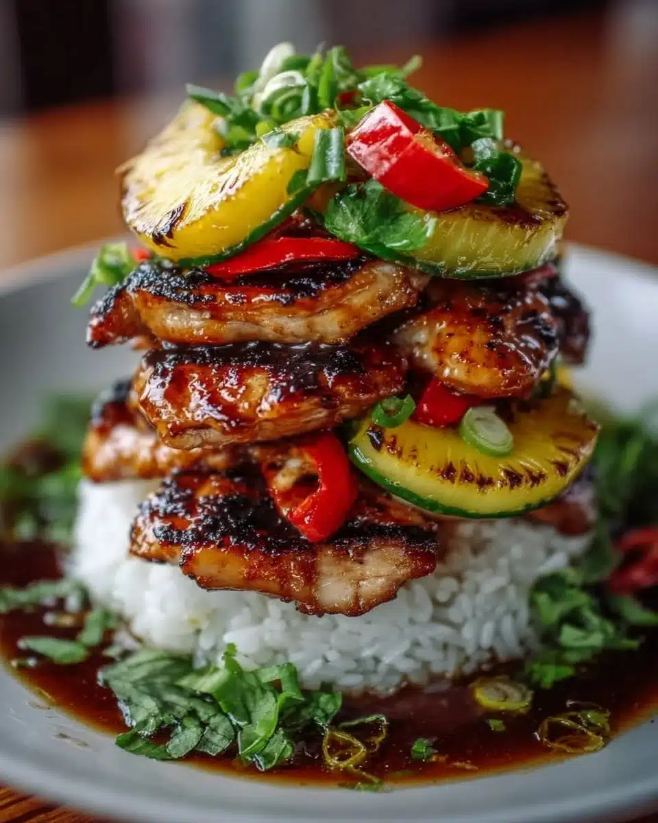 Hawaiian Turnaround Chicken Stack with vibrant toppings and garnishes.