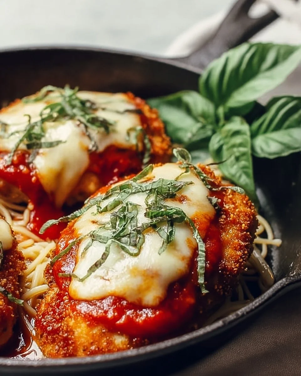 Healthy Chicken Parmesan served with marinara sauce and fresh basil.