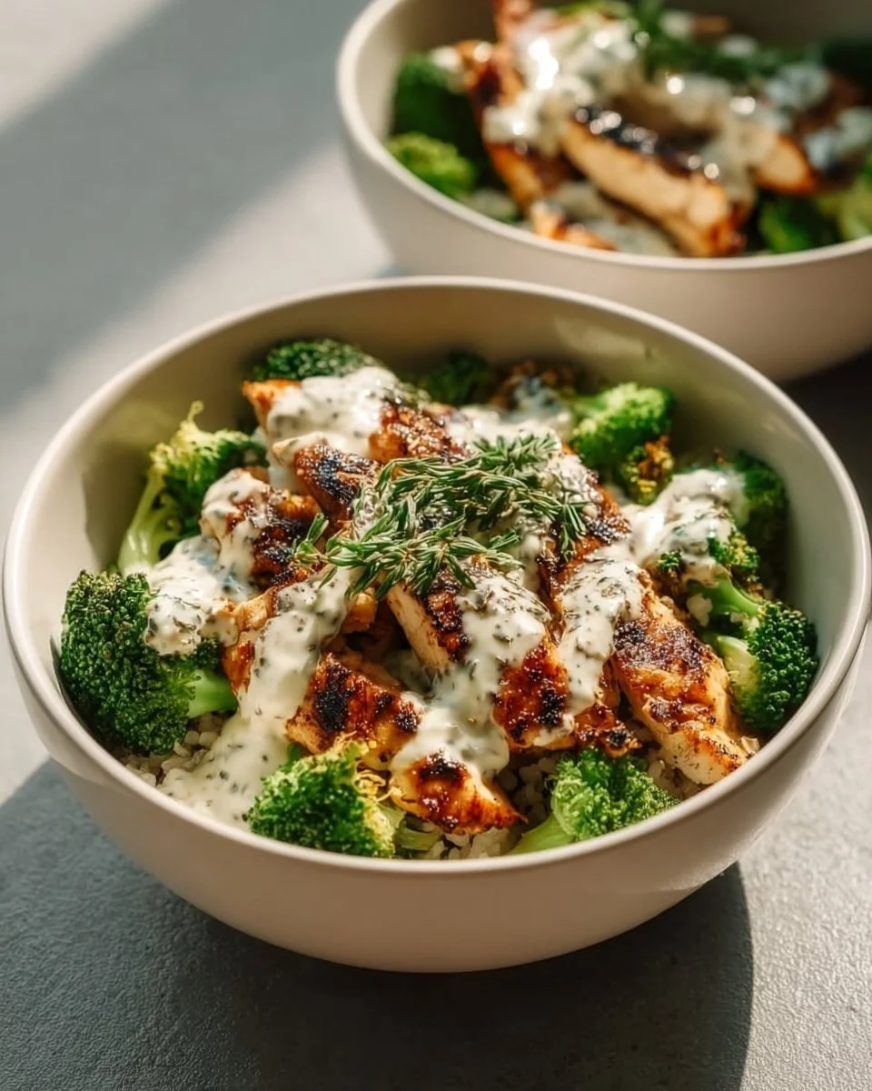 Healthy grilled chicken broccoli bowl with creamy garlic sauce