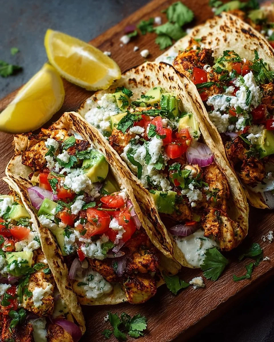 Healthy Mediterranean chicken tacos served with fresh vegetables and sauce