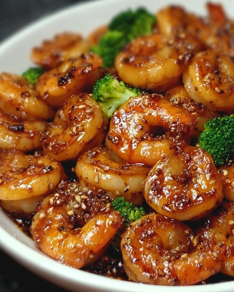 Delicious high-protein honey garlic shrimp served with vegetables.