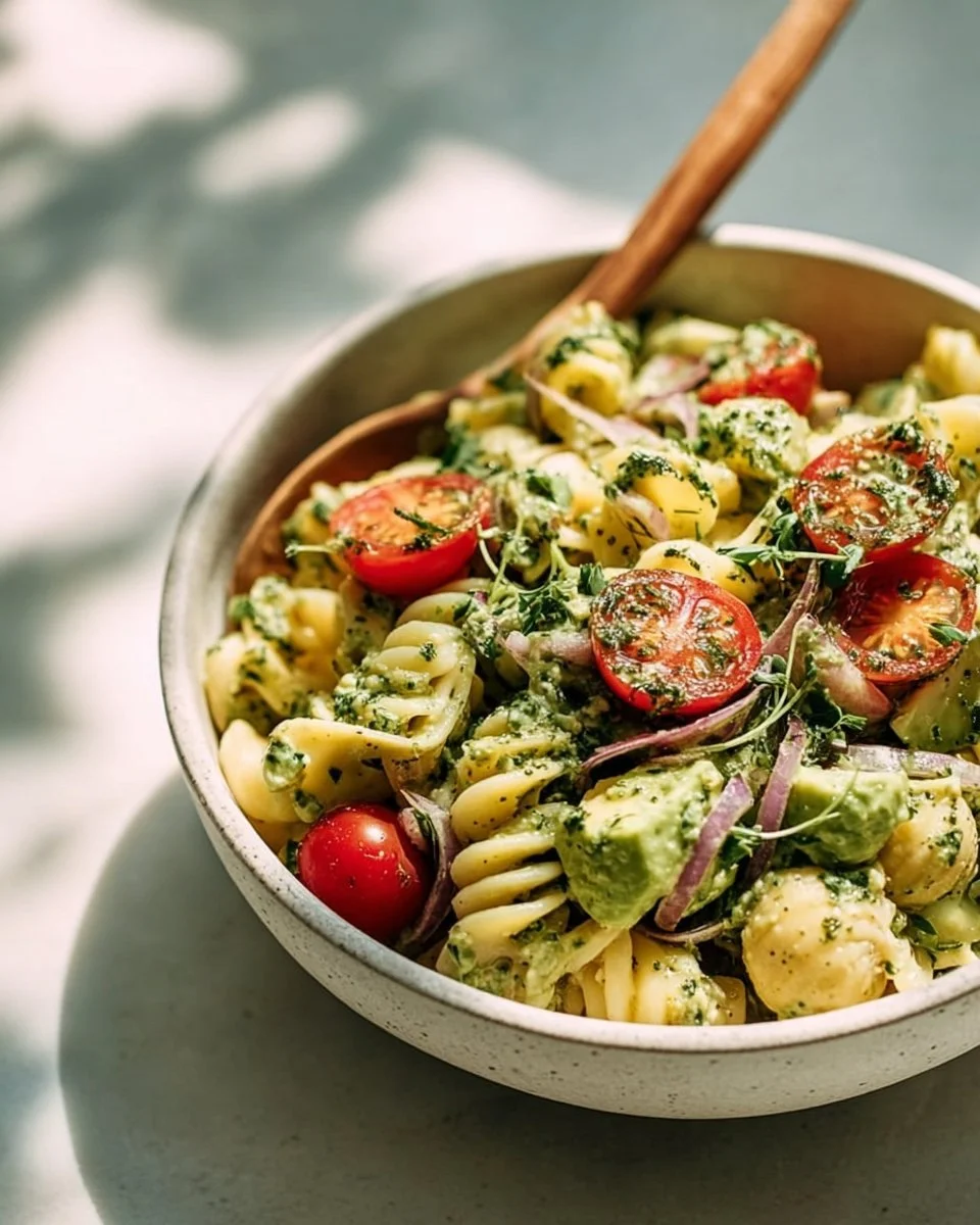 High protein vegan avocado pasta salad with fresh vegetables and herbs