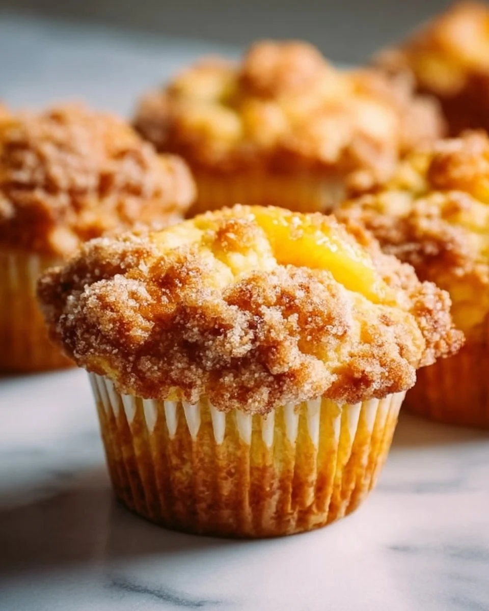Freshly baked homemade peach cobbler muffins with a golden crust