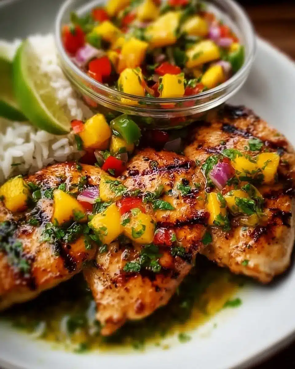 Grilled Honey Lime Chicken topped with fresh Mango Salsa on a plate