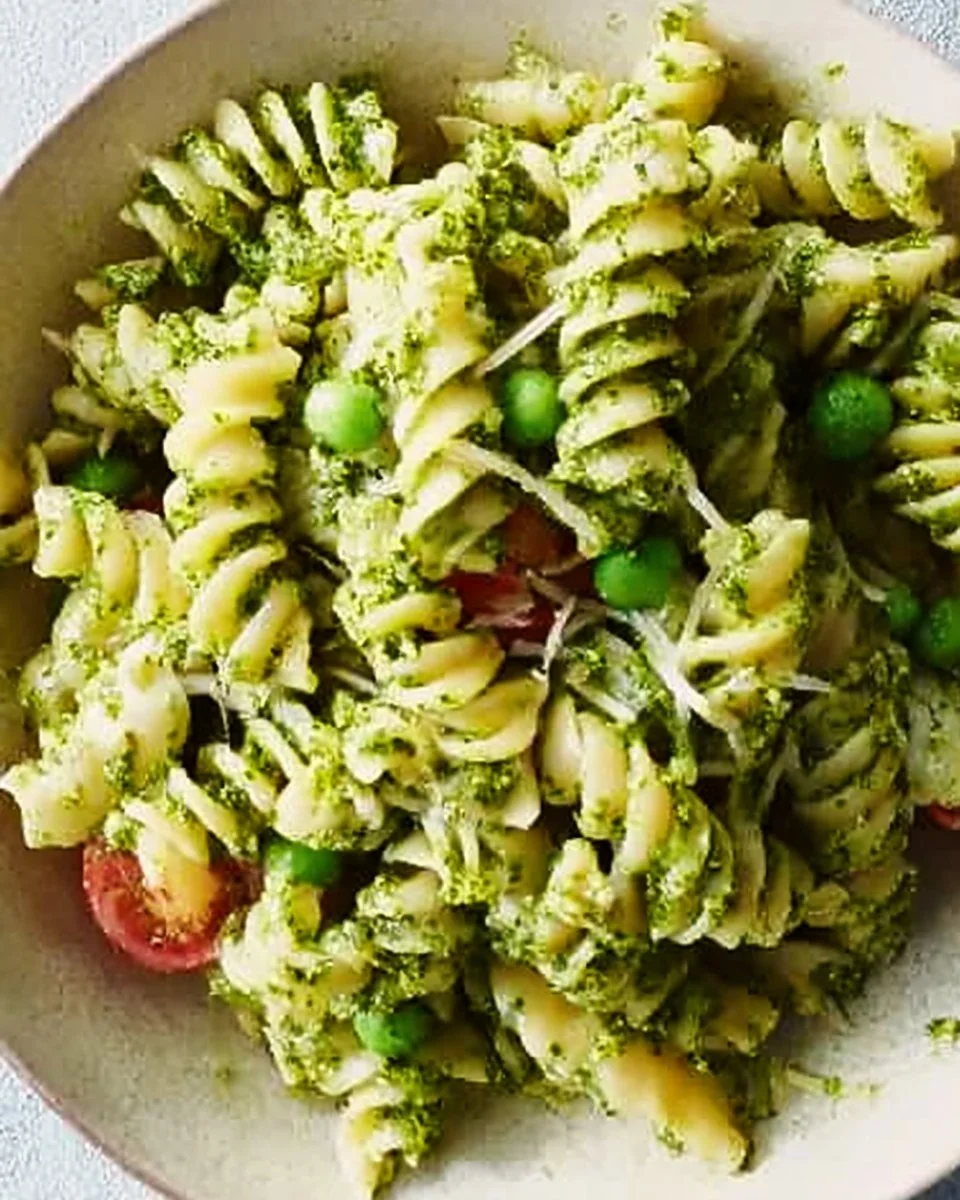 Ina Garten's delicious pesto pasta salad garnished with fresh vegetables.