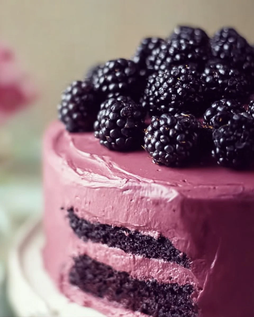 Slice of Blackberry Velvet Cake with lush frosting on white plate