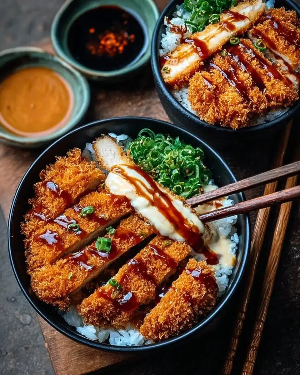 Japanese Katsu Bowls with Tonkatsu Sauce served on a plate