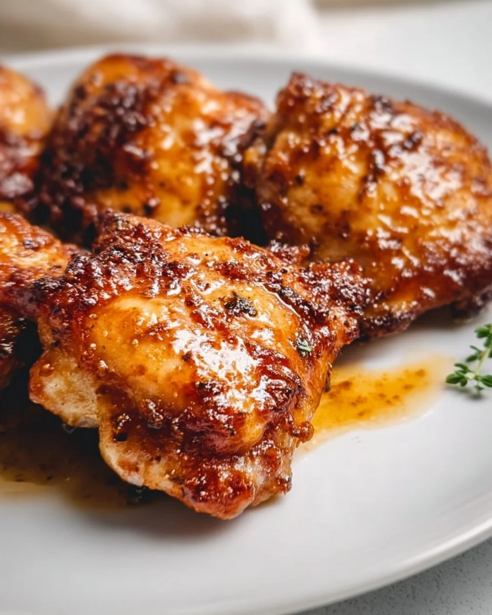 Juicy baked boneless chicken thighs on a plate ready for dinner