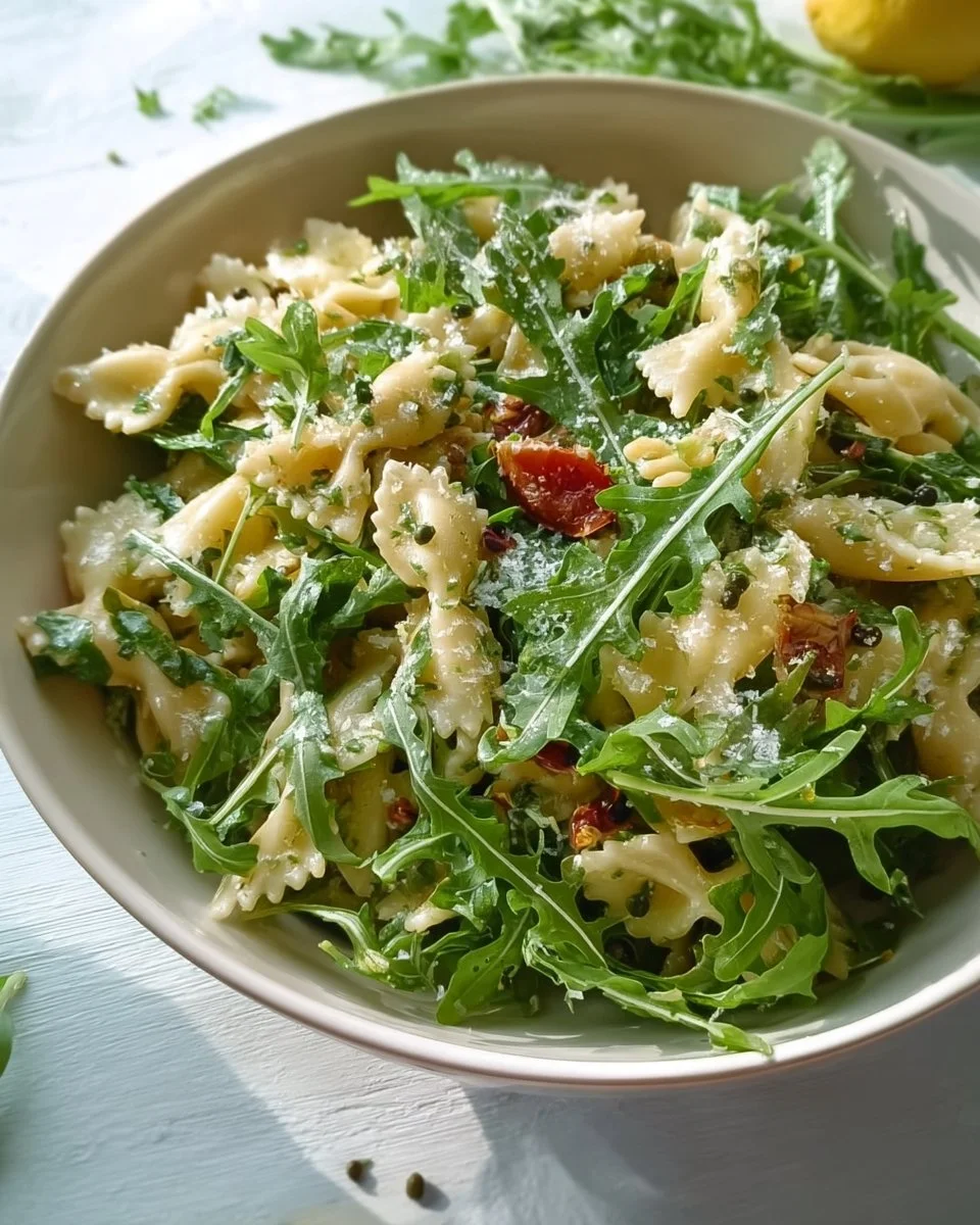 Lemon Arugula Pasta Salad with cherry tomatoes and feta cheese