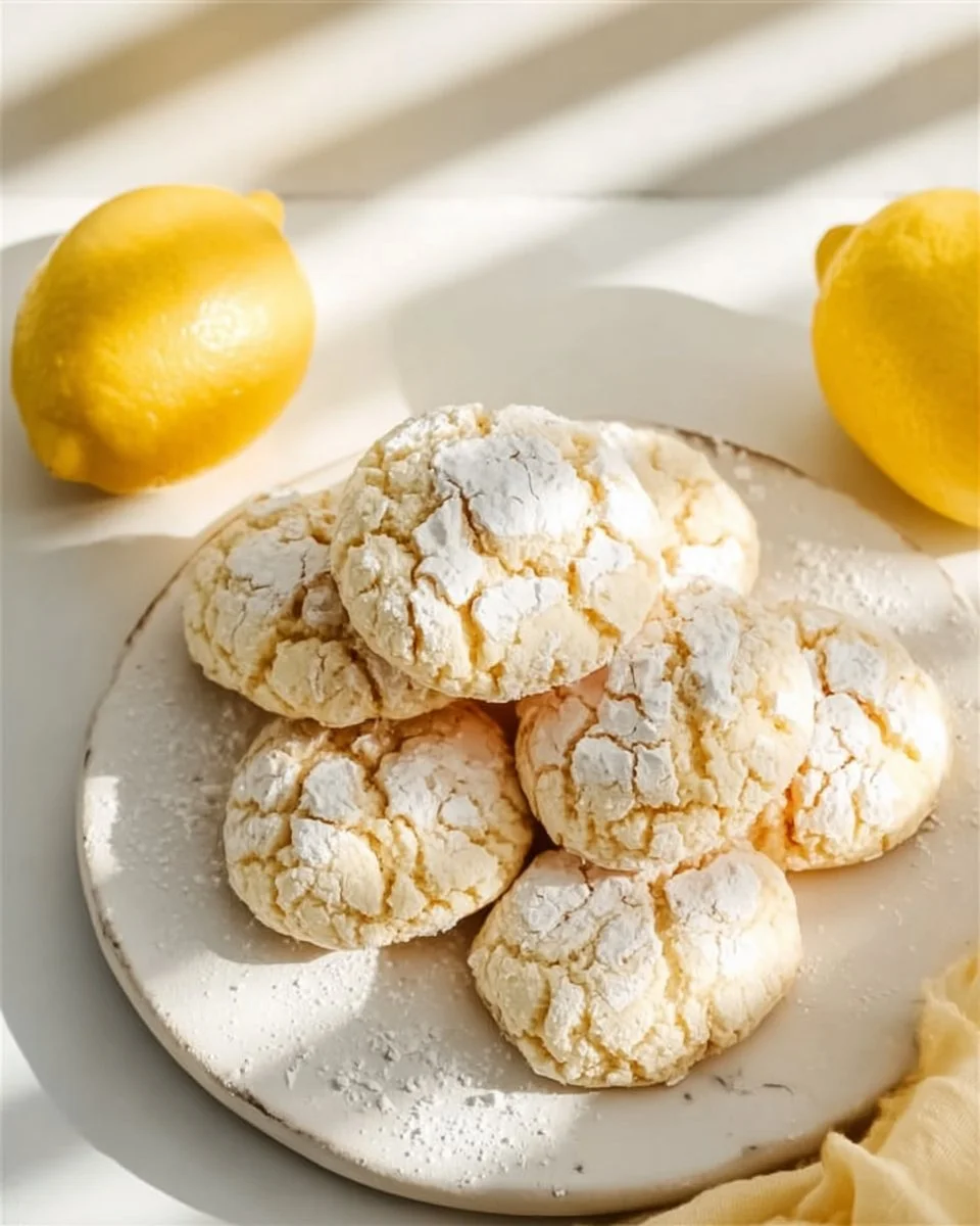 Plate of soft and tangy Lemon Crinkle Cookies dusted with powdered sugar