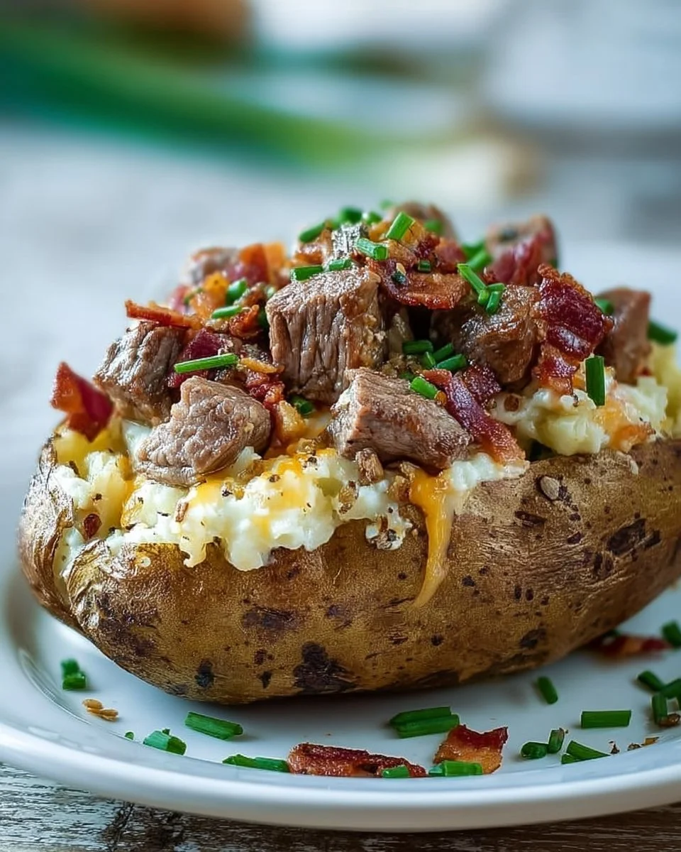 Delicious loaded baked potato topped with steak bites served on a plate