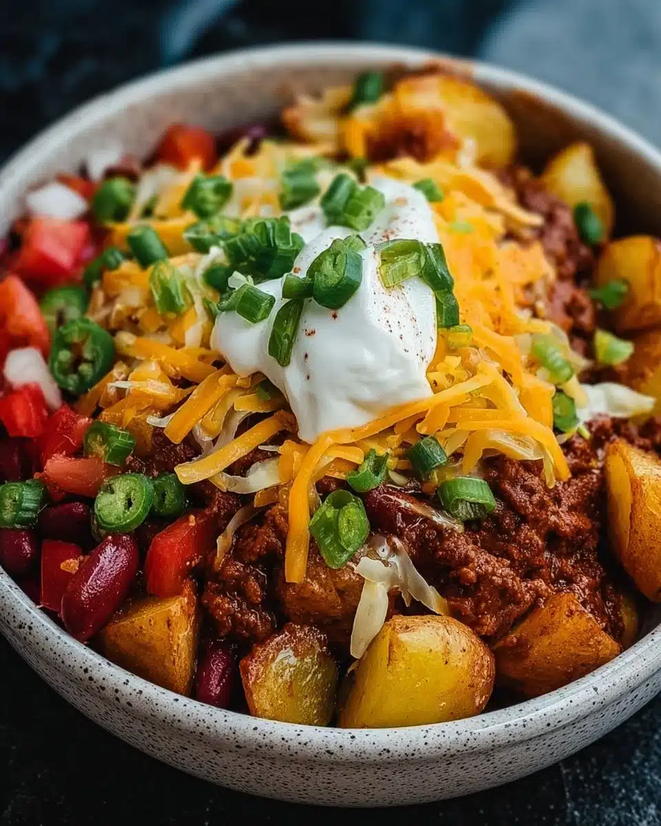 Delicious loaded potato taco bowl topped with fresh ingredients