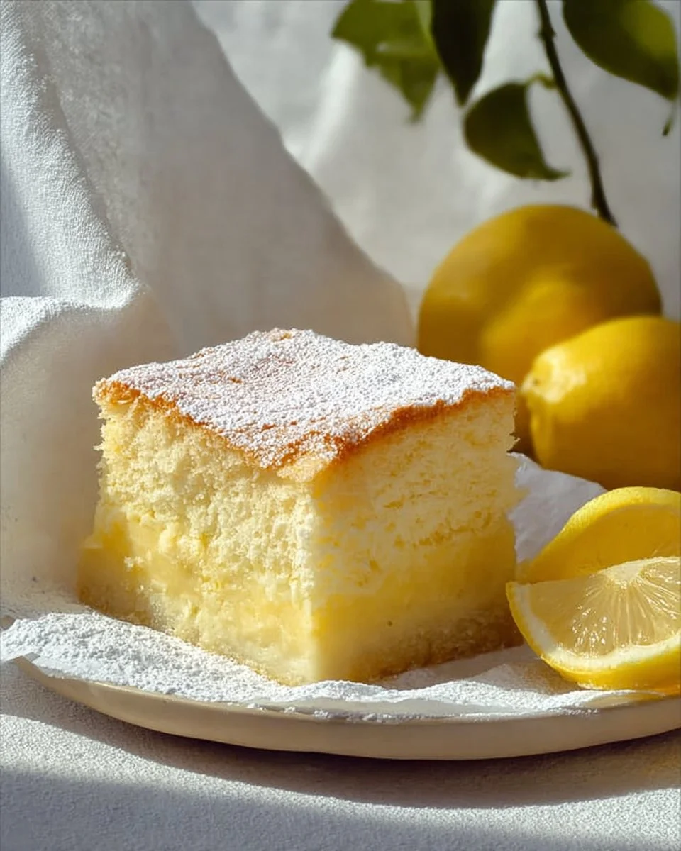 Slice of Magic Lemon Custard Cake with zesty lemon topping
