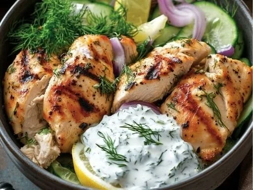 Mediterranean Lemon-Dill Chicken Bowls garnished with fresh herbs and vegetables