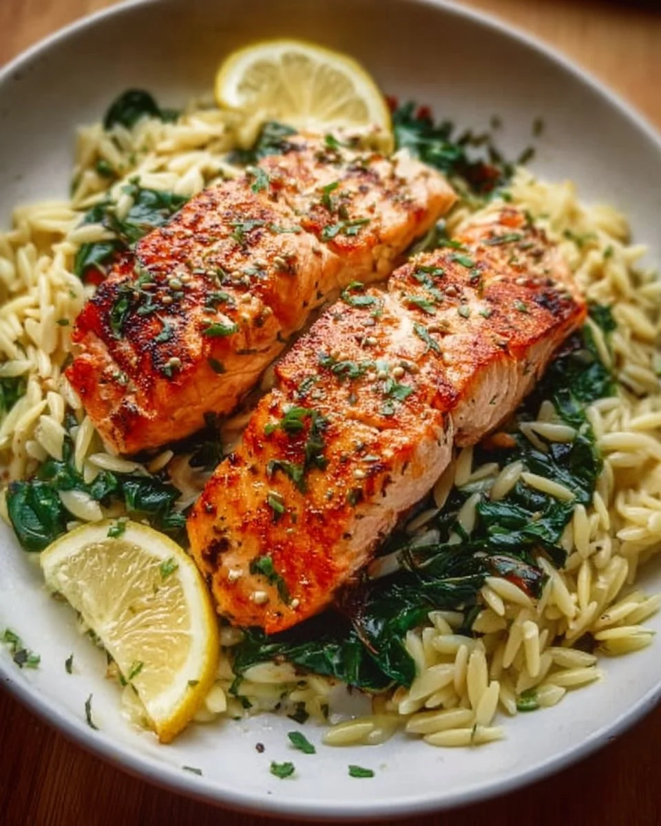 Mediterranean Salmon served with lemon orzo, garnished with fresh herbs.
