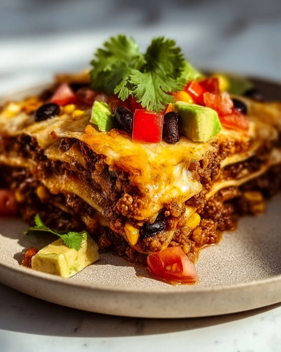 Delicious Mexican taco lasagna layered with beef, cheese, and taco spices.