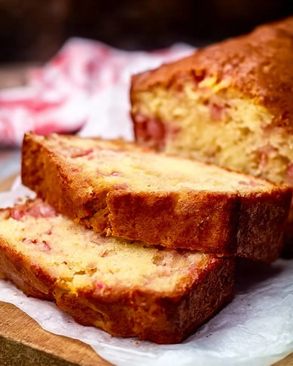 Delicious old fashioned rhubarb loaf with a slice cut out