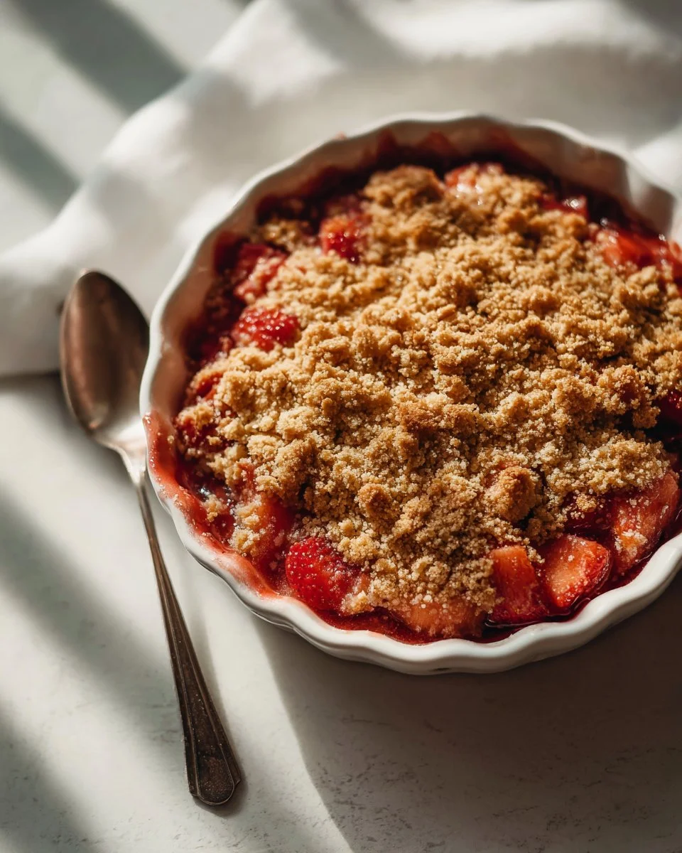 Delicious old-fashioned strawberry rhubarb crisp served in a bowl