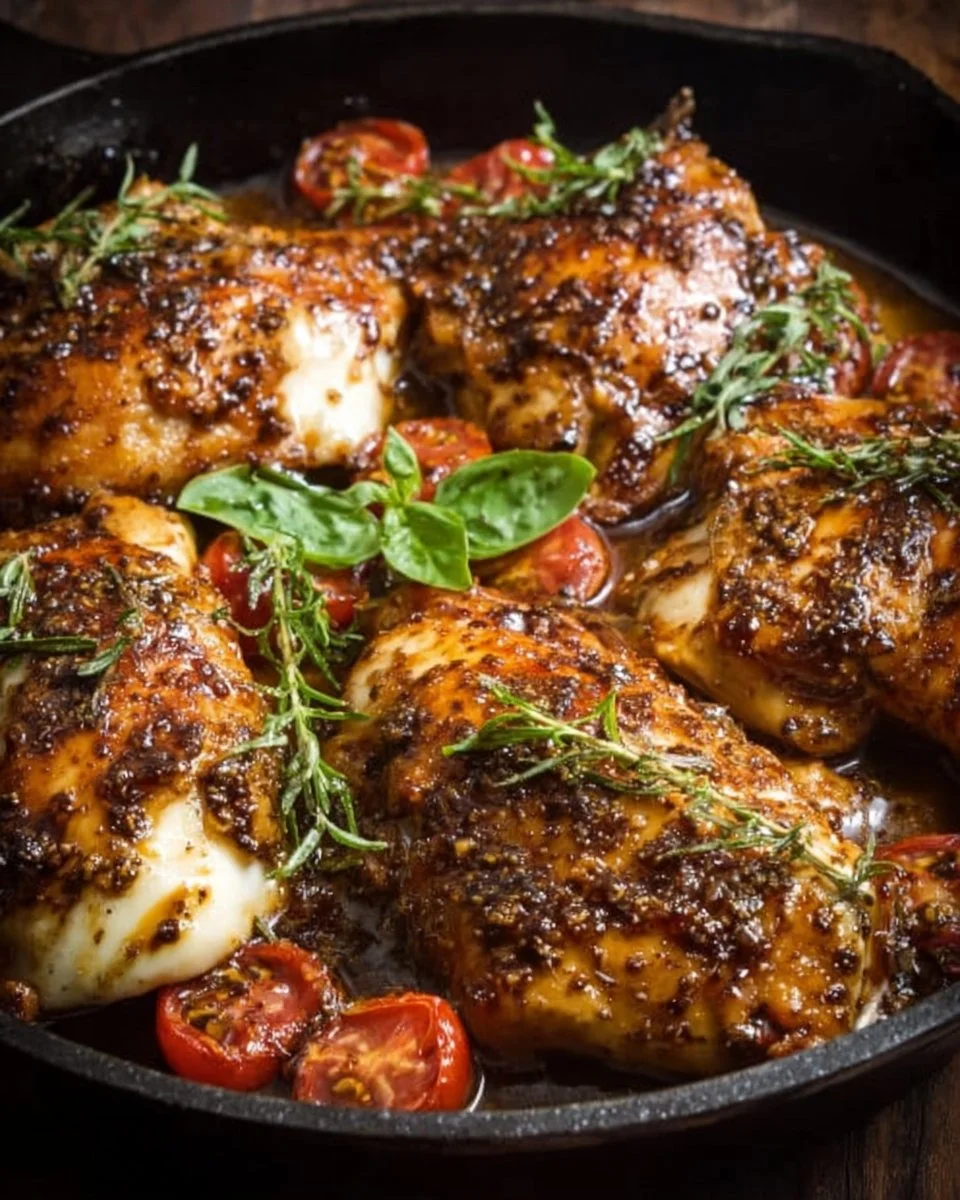 One-Pan Juicy Chicken with Balsamic Sauce served with vegetables