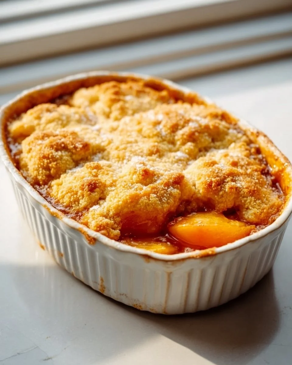 Delicious Paula Deen Peach Cobbler served in a baking dish with fresh peaches.
