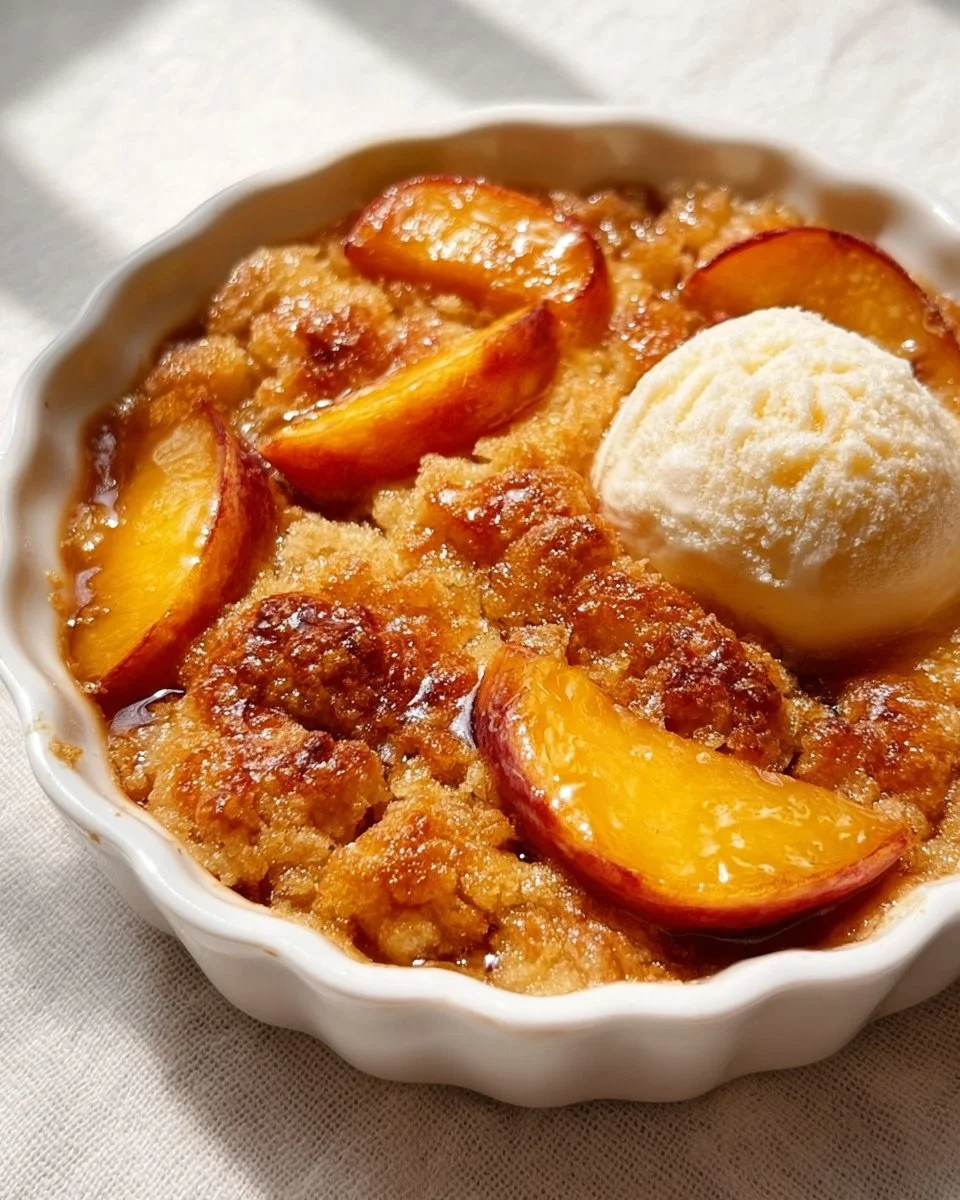 Delicious homemade peach cobbler with a golden crust and fresh peaches