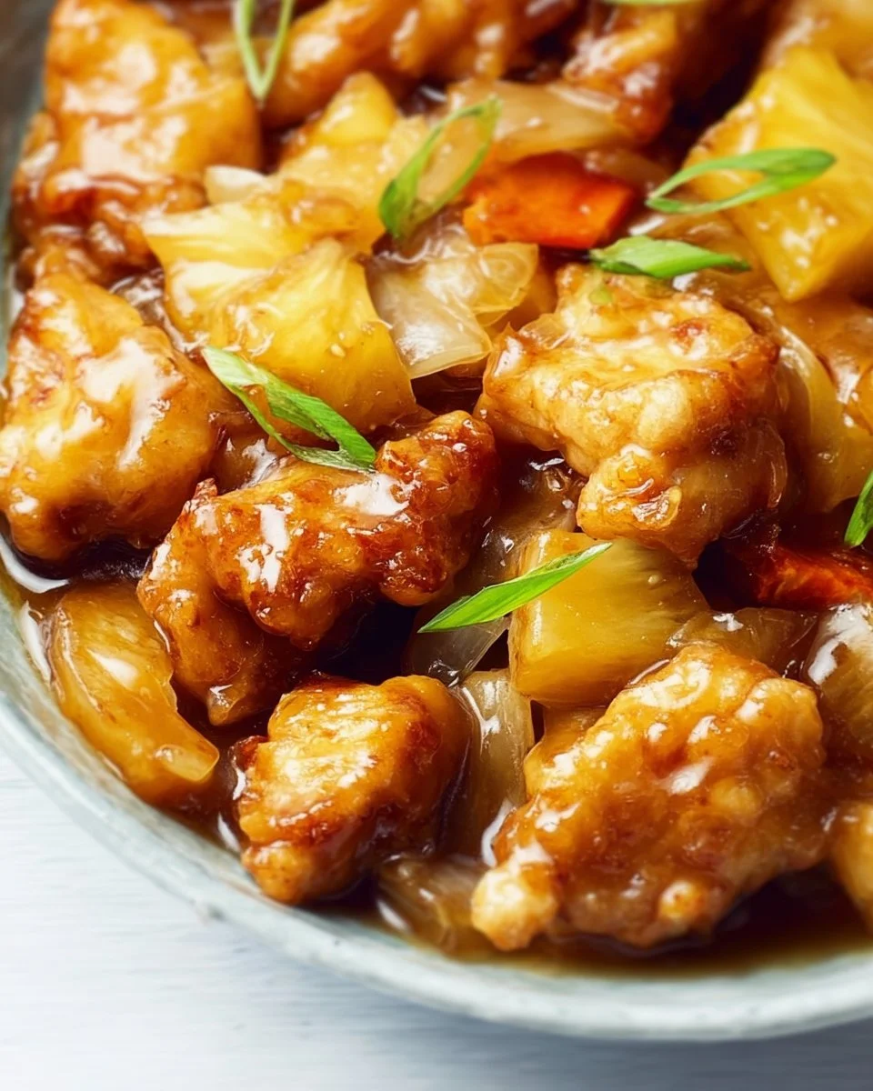 Delicious Pineapple Chicken garnished with fresh herbs and served on a plate.
