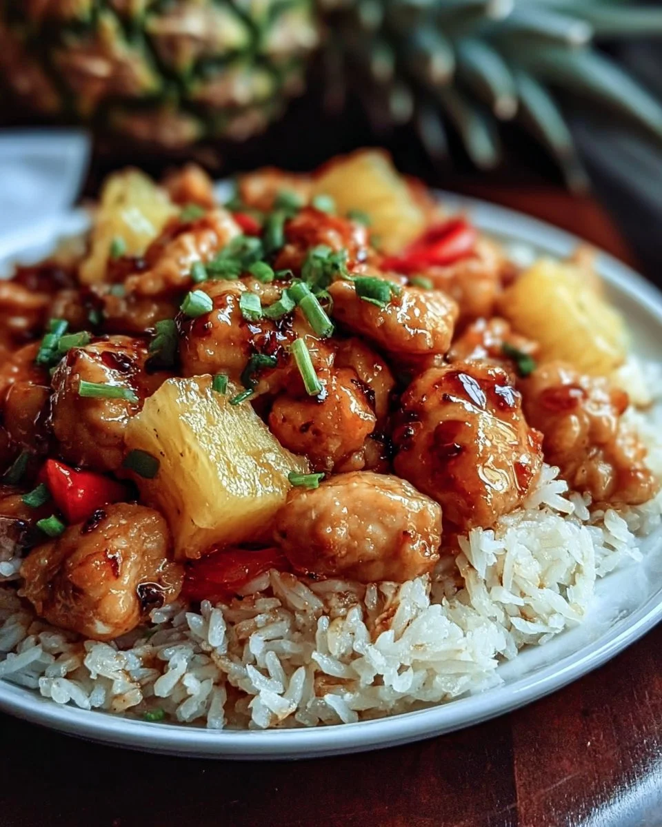 Plate of Pineapple Chicken served with rice and garnished with fresh herbs
