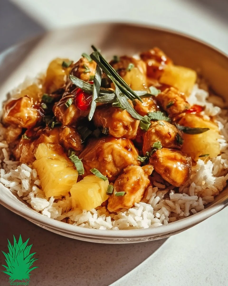 Delicious Pineapple Chicken served over rice, showcasing sweet and savory flavors