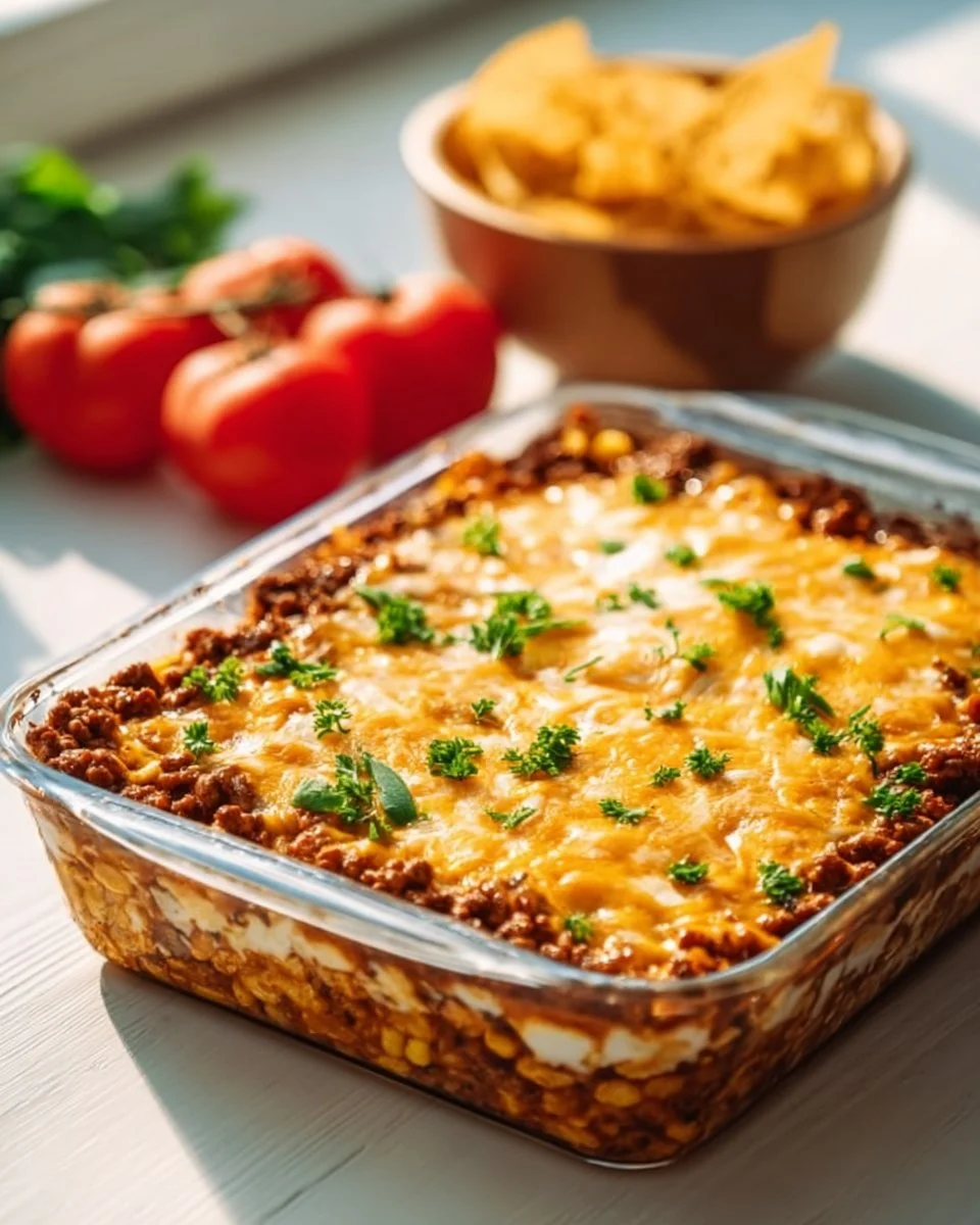 Delicious Pioneer Woman Taco Casserole garnished with toppings.