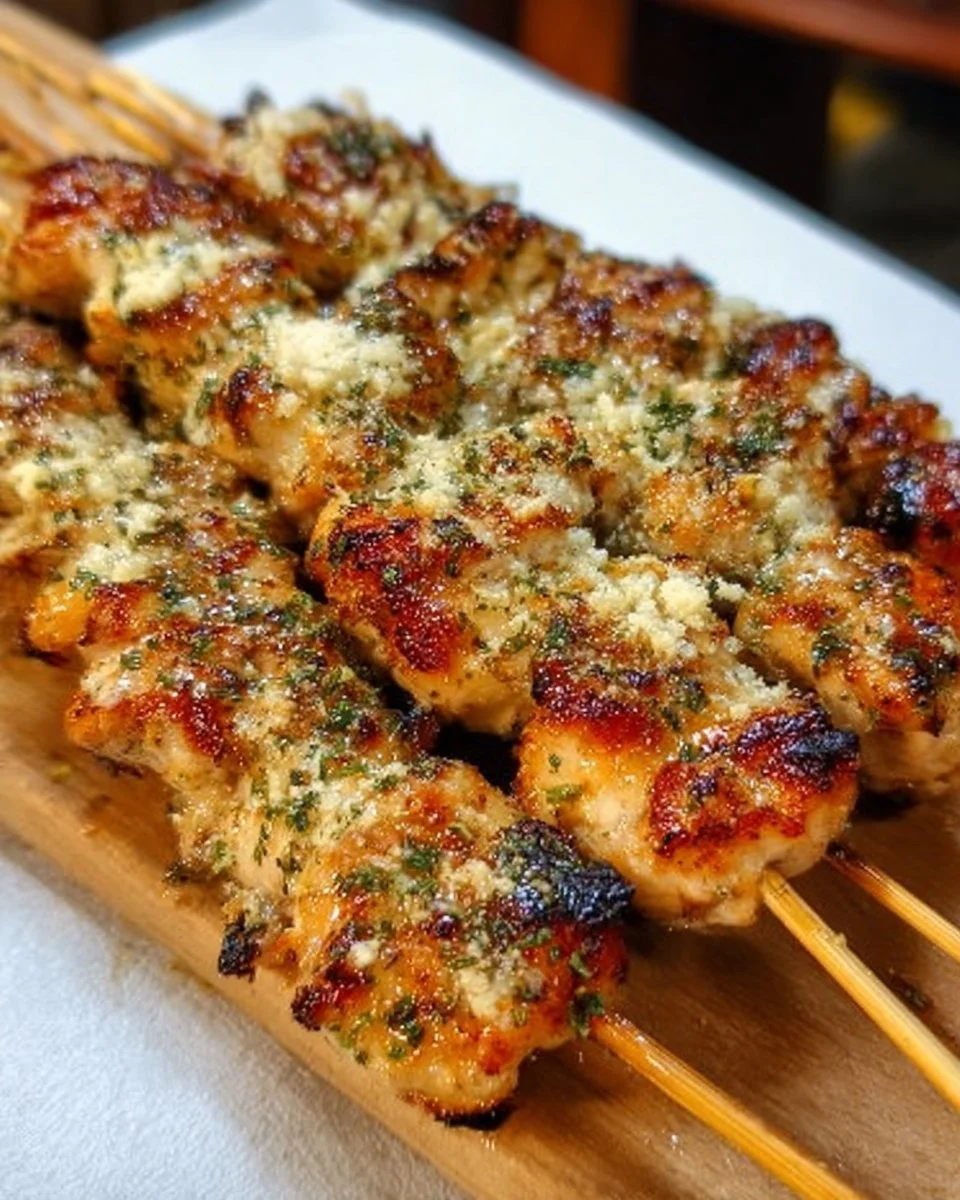 Ranch Garlic Parmesan Chicken Skewers served on a platter