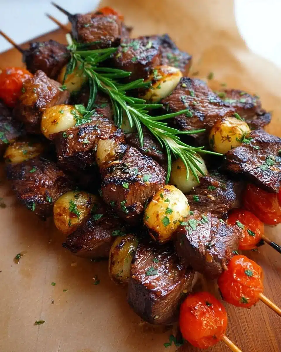 Delicious rosemary garlic steak kebabs on skewers in a vibrant presentation.