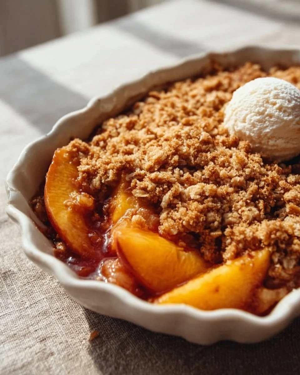 Rustic peach crisp dessert topped with crunchy oat streusel