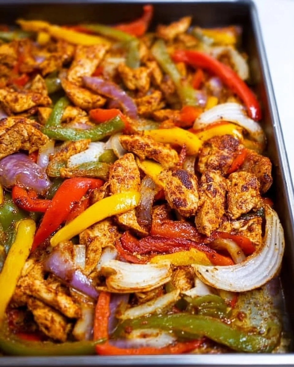 Delicious sheet pan chicken fajitas with colorful bell peppers and onions