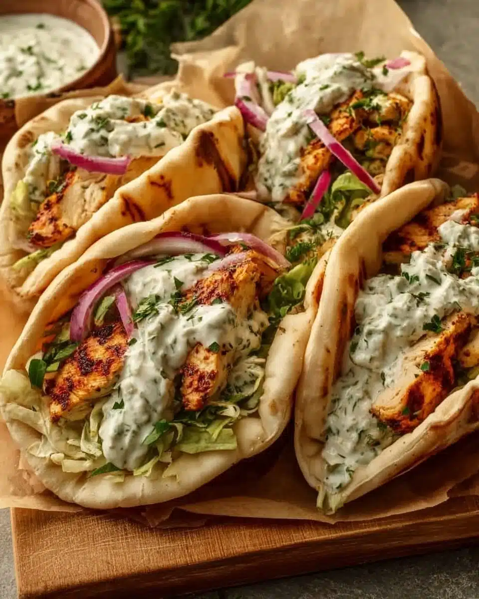Sheet pan chicken pitas with herby ranch served on a white plate.