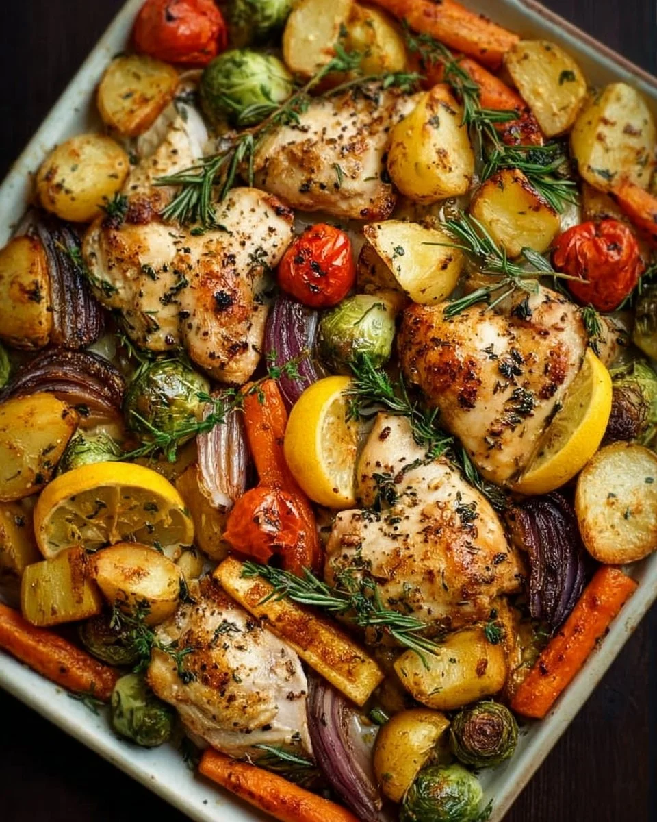 Sheet Pan Lemon Herb Chicken with colorful vegetables ready to serve.