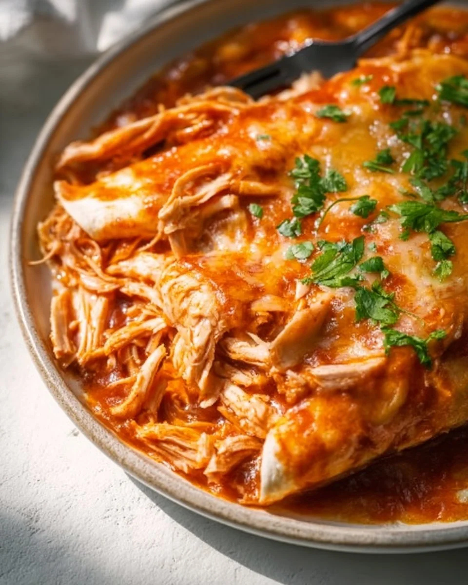 Delicious slow cooker chicken enchiladas topped with cheese and salsa