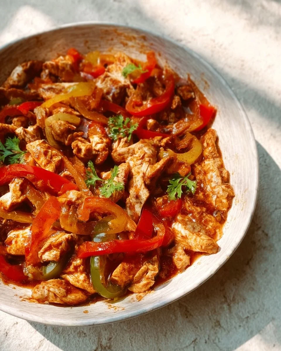 Slow Cooker Chicken Fajitas with bell peppers and onions in a serving dish