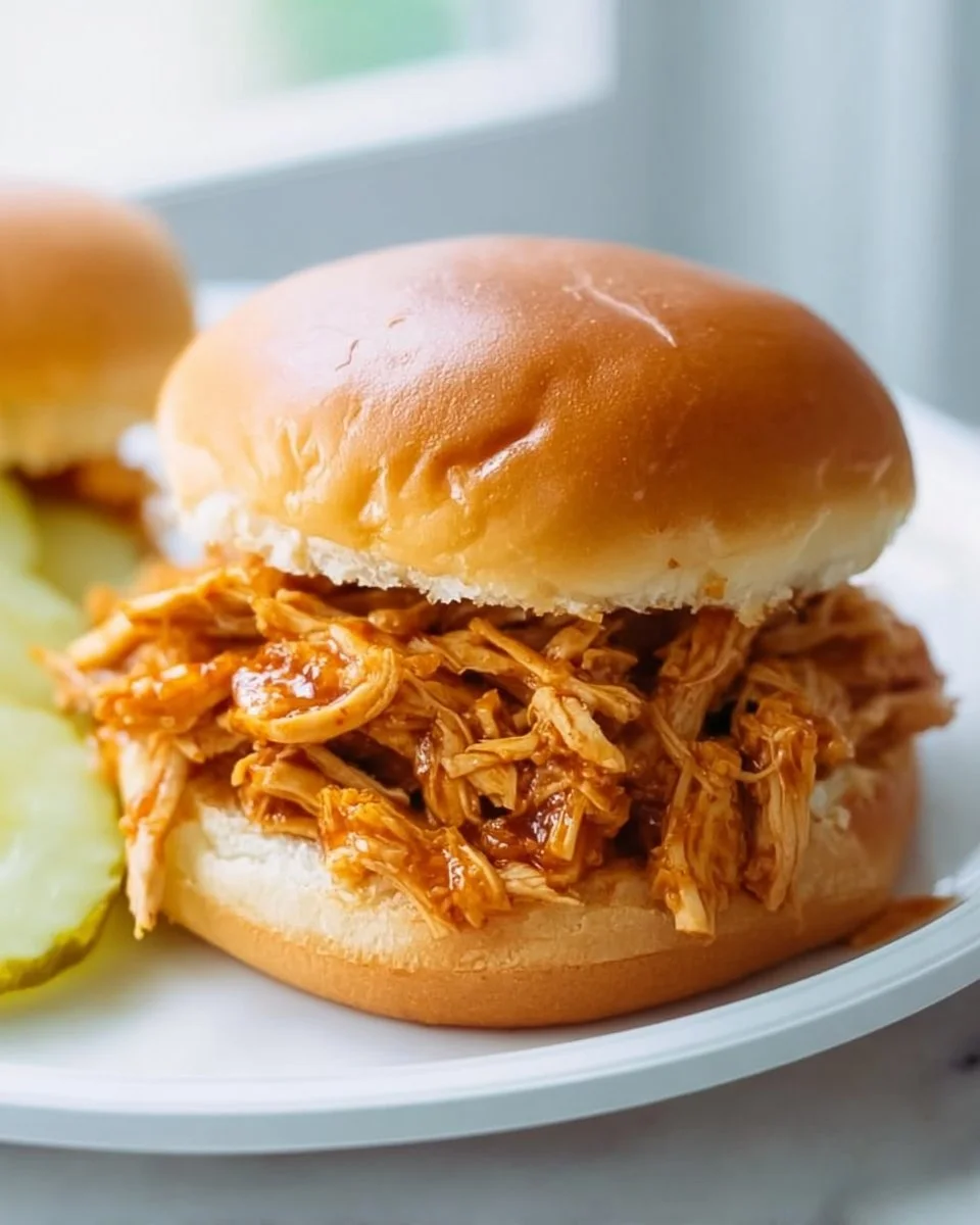 Slow Cooker Hot Honey Chicken Sandwiches served on a plate with toppings.