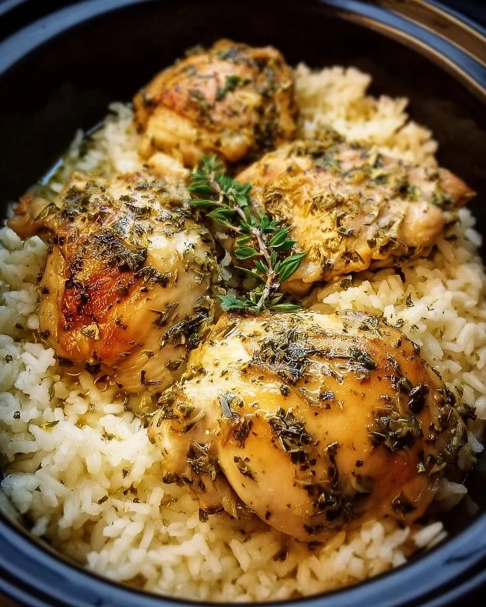 Slow cooker lemon herb chicken with rice in a savory sauce.