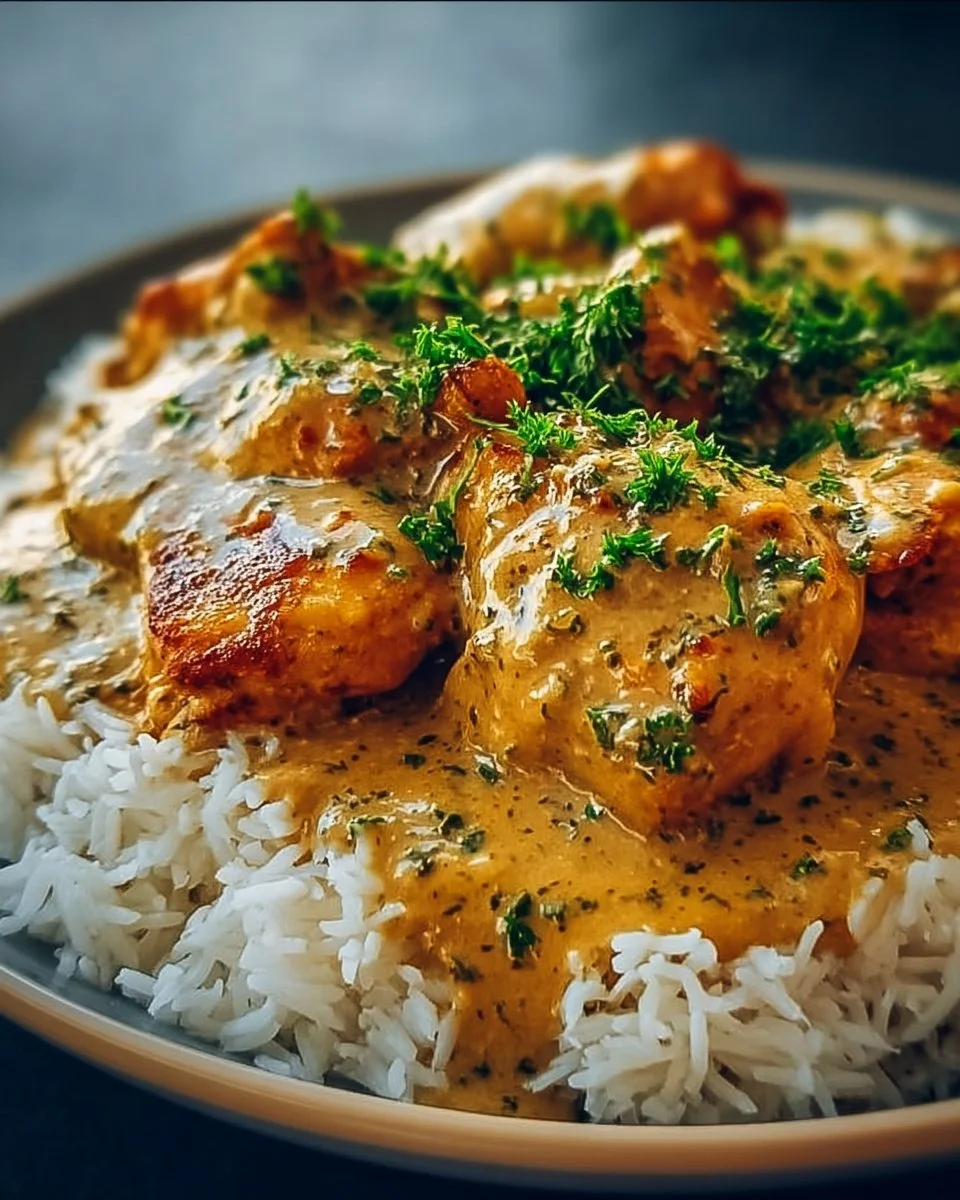 Delicious smothered chicken served over fluffy rice with savory gravy.