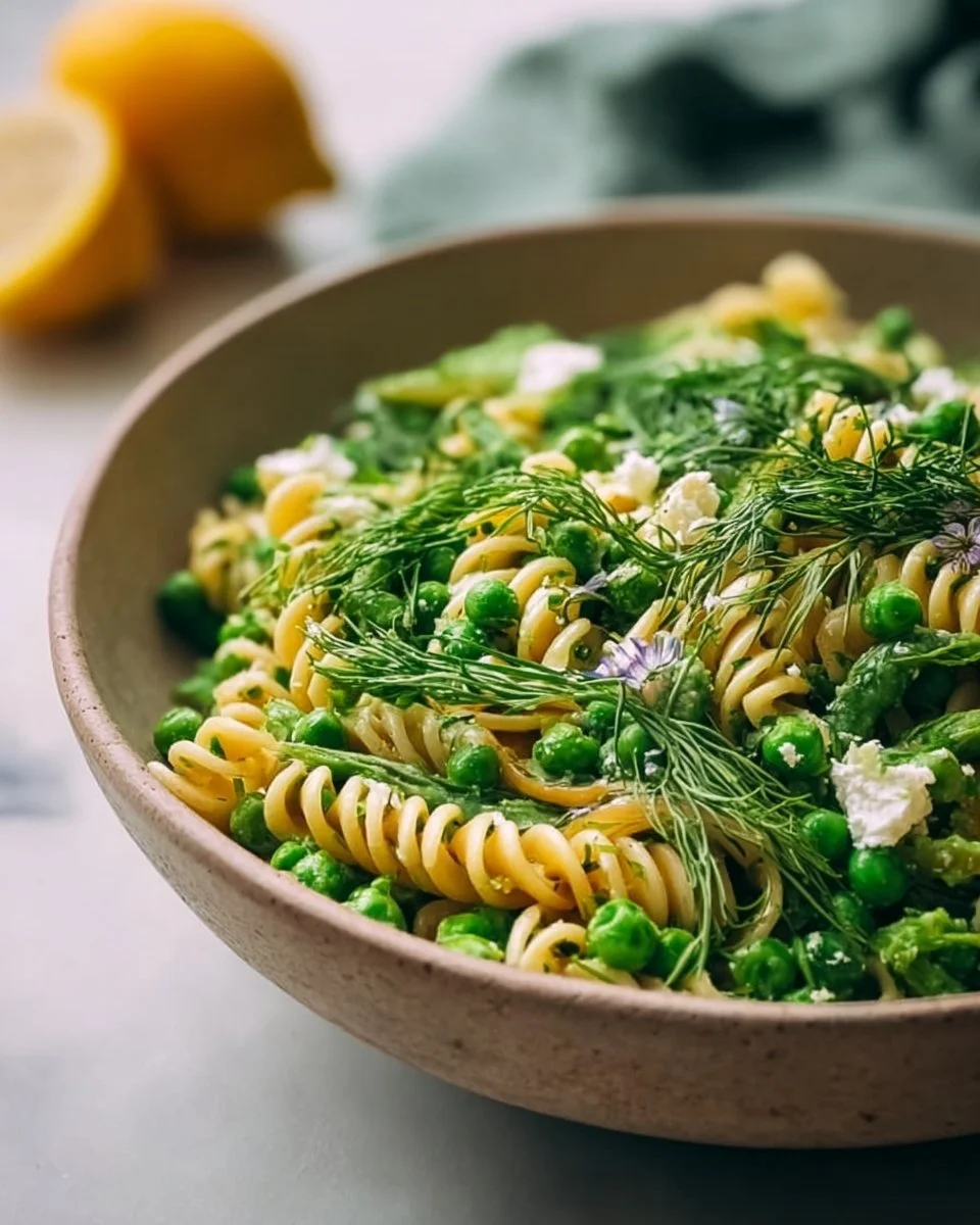 Spring Herbed Pea and Lemon Pasta Salad in a bowl garnished with herbs.