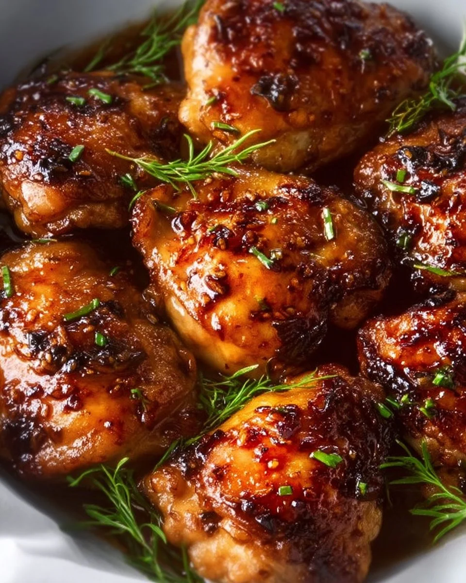 Delicious Sticky Honey Garlic Chicken Thighs served on a plate