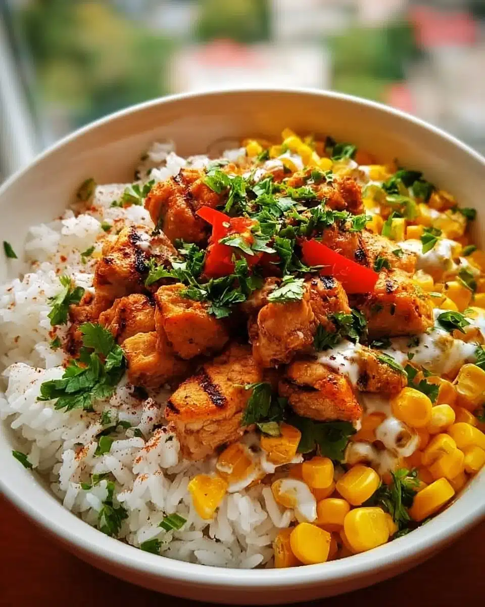 Street Corn Chicken Rice Bowl topped with grilled chicken and corn, served in a bowl.
