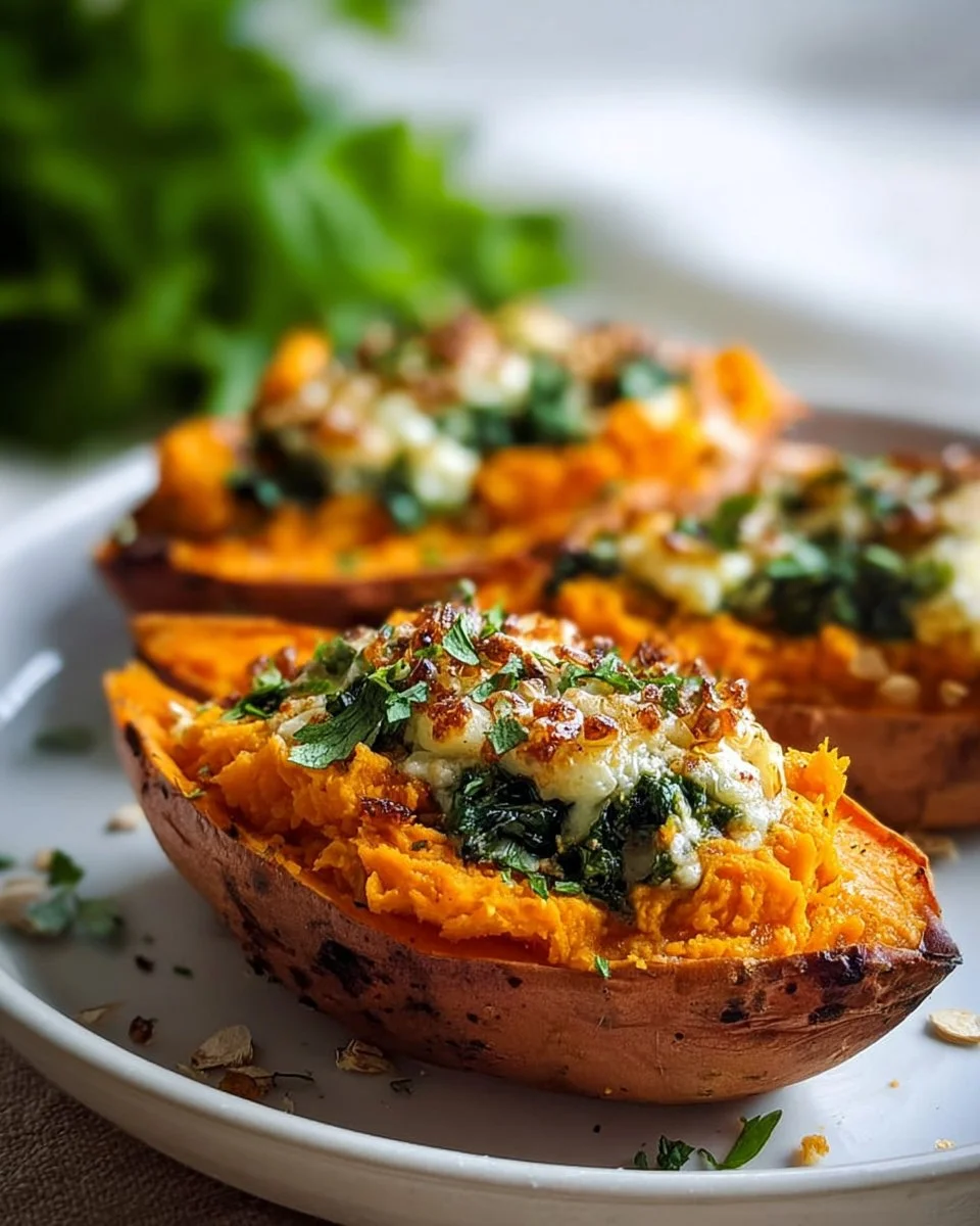 Stuffed roasted sweet potatoes with savory filling and herbs