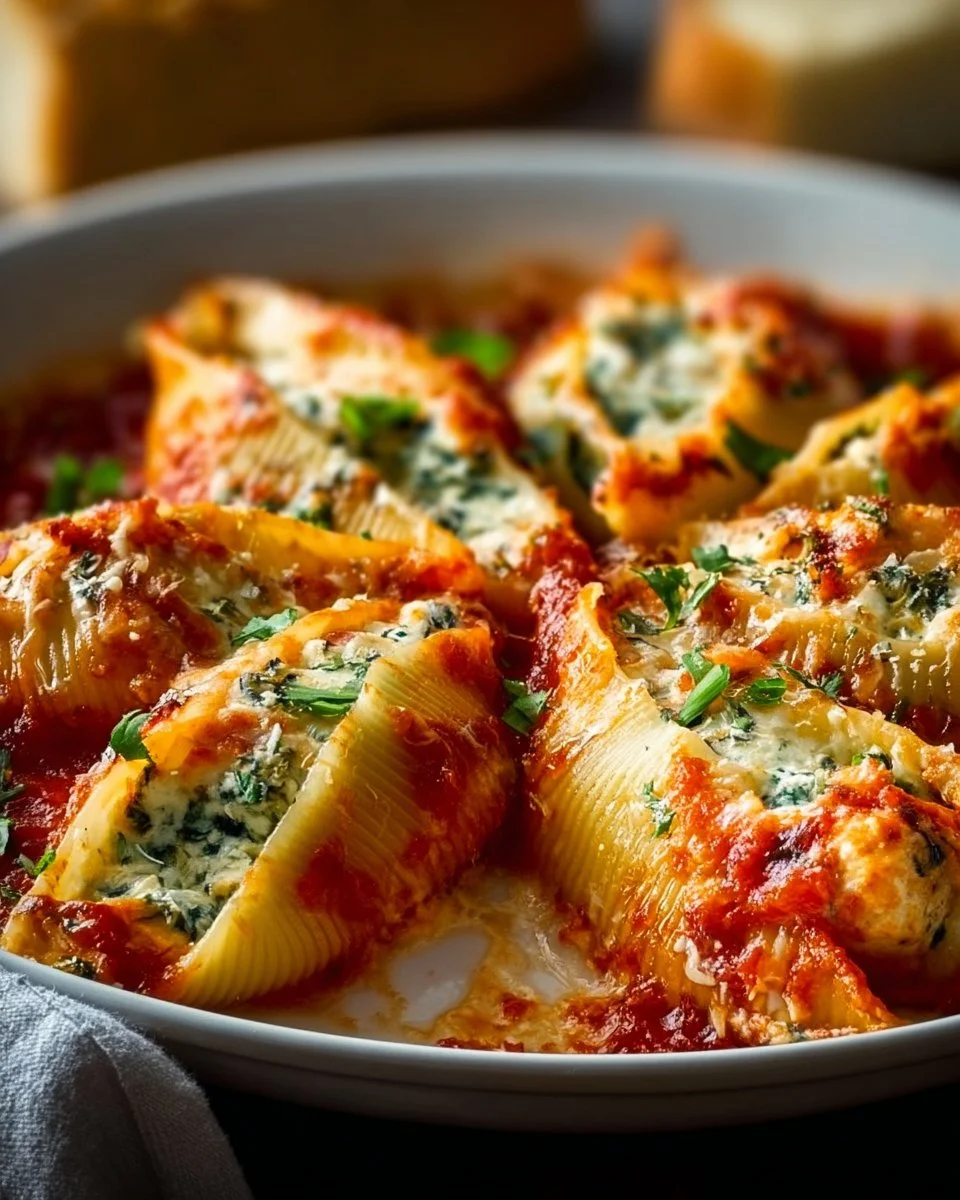 Delicious plate of homemade stuffed shells filled with creamy cheese and topped with marinara sauce.